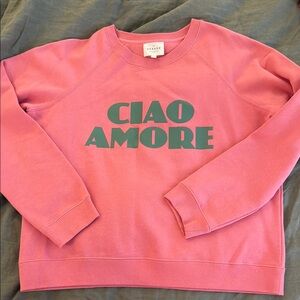 Sezane Pink and Green Crew Neck Sweatshirt with Bold Text